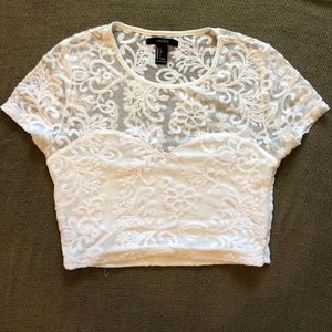 Forever 21: White Mesh Floral Crop Top